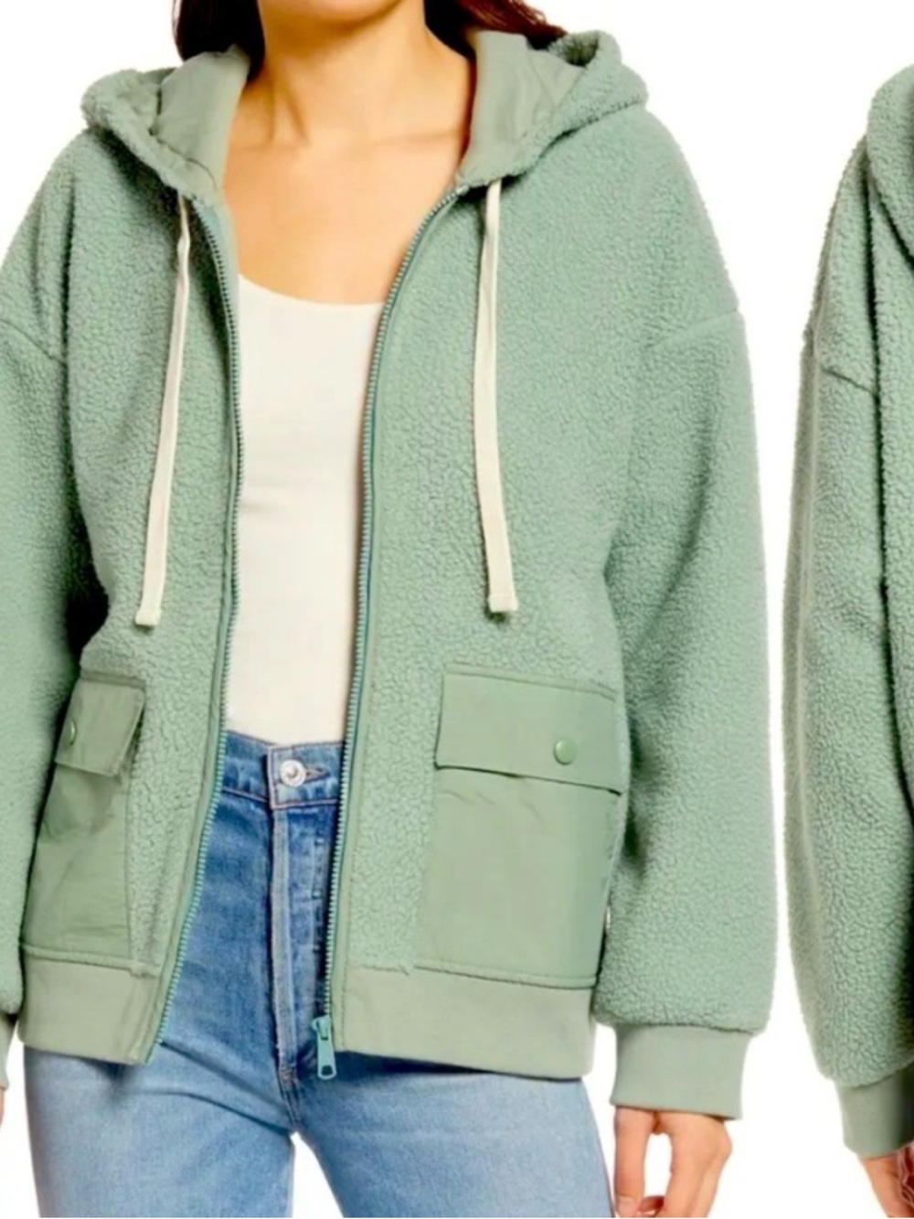 Madewell Sherpa Zip Hoodie Sage Green Fleece Cargo Pocket J Crew Size Medium